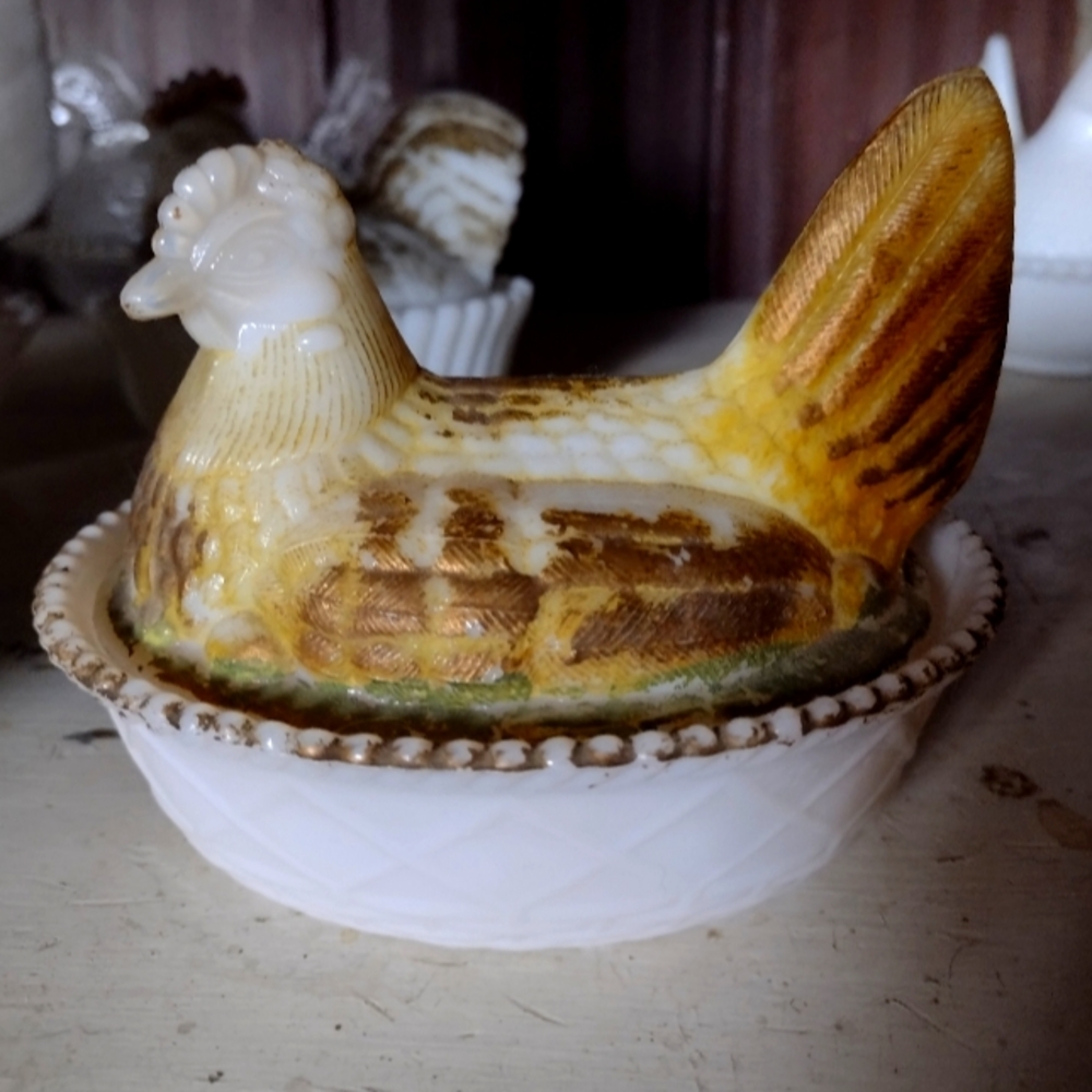 Antique milk glass hen on nest. Original paint.